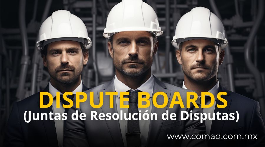 Reunión de un Dispute Board en un proyecto de construcción, mostrando mediadores, planos y contratistas trabajando en soluciones colaborativas.