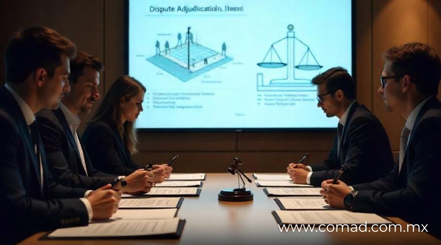 Expertos en construcción y derecho revisando documentos de arbitraje en una mesa de conferencias...