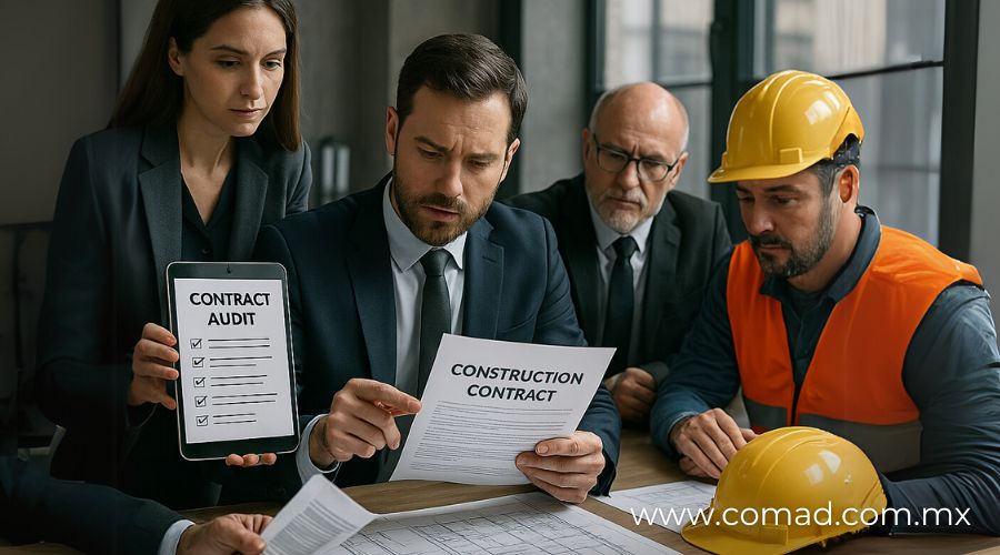 Equipo profesional revisando contratos y documentos en una auditoría de construcción, con planos, tabletas y checklist visible en un entorno técnico y organizado