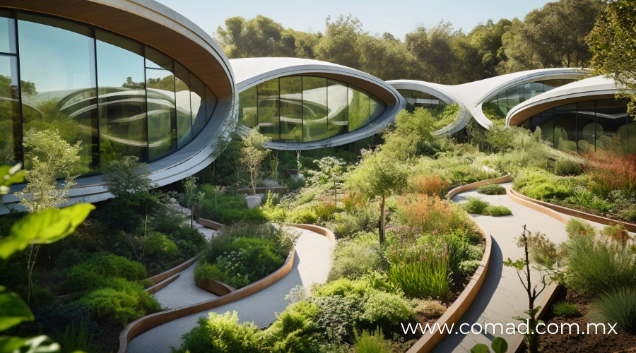 Sitio de construcción moderno con paneles solares, materiales reciclados y jardines en azoteas, representando prácticas sostenibles en honor al Día de la Tierra