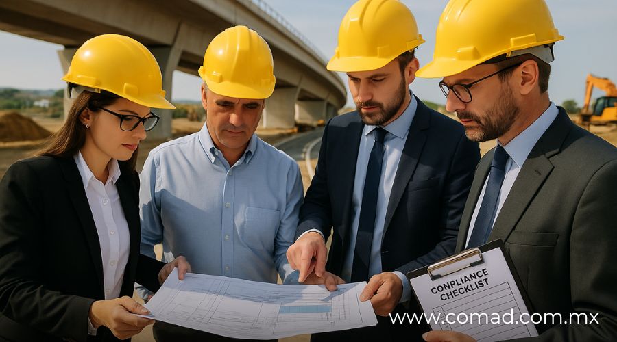 Grupo de ingenieros civiles y abogados con casco revisando documentos legales en una obra pública como puente o carretera en México