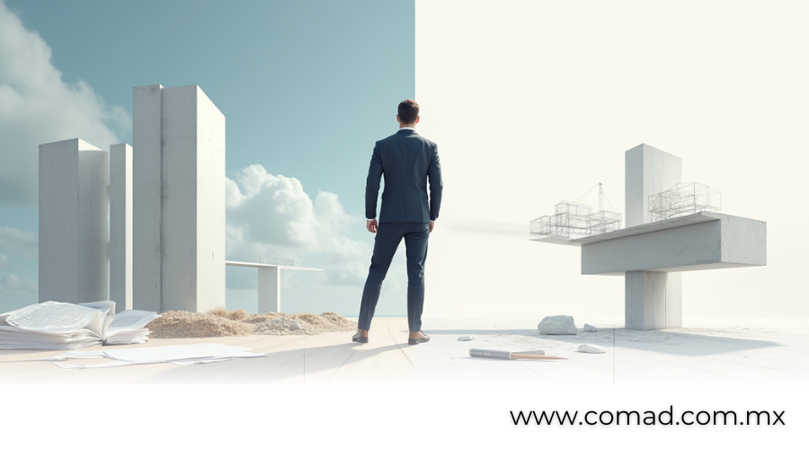 Ilustración conceptual que representa los mecanismos legales de solución de controversias en contratos de construcción: juicio tradicional frente a arbitraje especializado