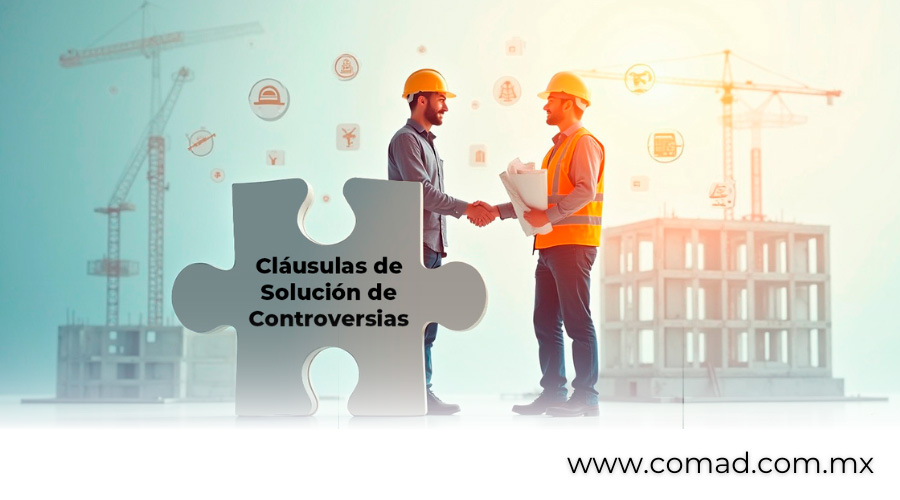 Ilustración de un abogado y un ingeniero acordando cláusulas de solución de controversias en un contrato de obra pública.