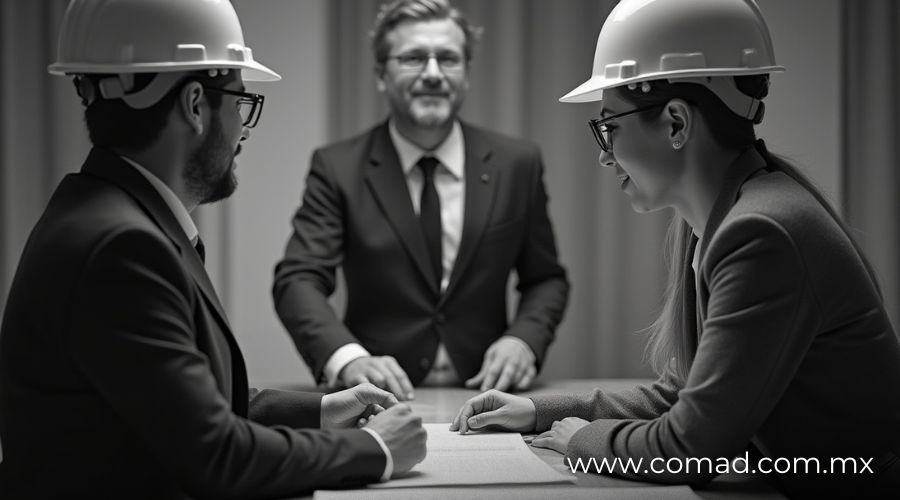 Laudo arbitral y sentencia judicial en contratos de construcción: ingenieros y abogados analizando documentos legales.