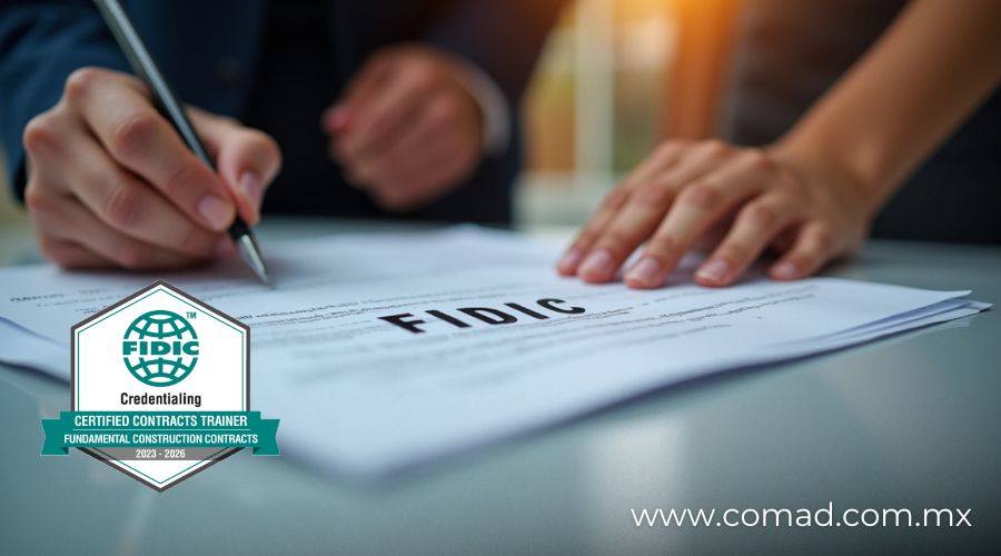 Imagen conceptual que representa la revisión y redacción adecuada de Condiciones Particulares en contratos FIDIC, con un enfoque legal y técnico en el contexto de la construcción internacional.