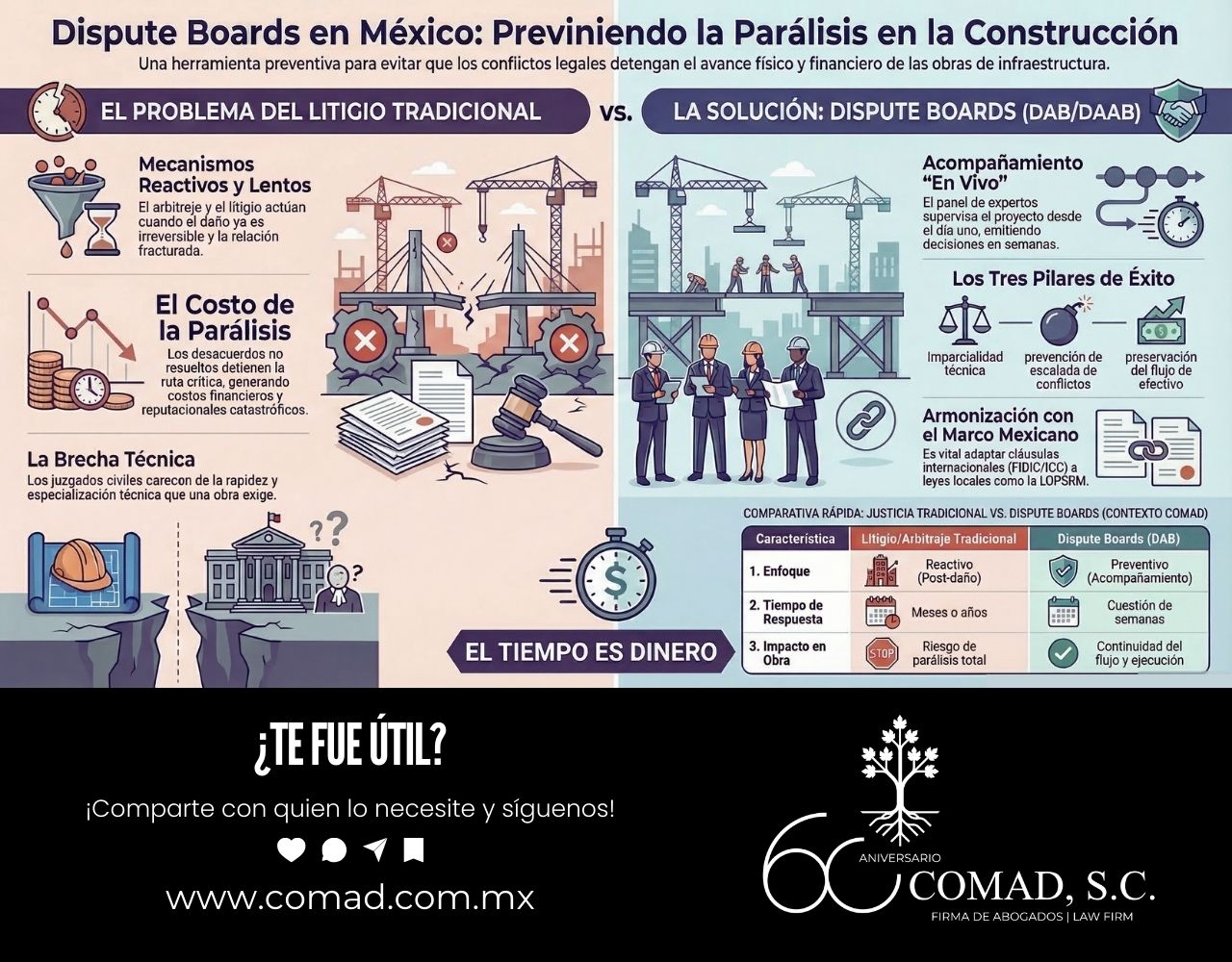 Infografía explicativa sobre el funcionamiento de los Dispute Boards en México (DAB/DAAB) para evitar la parálisis de obras y asegurar el flujo de efectivo – COMAD S.C.