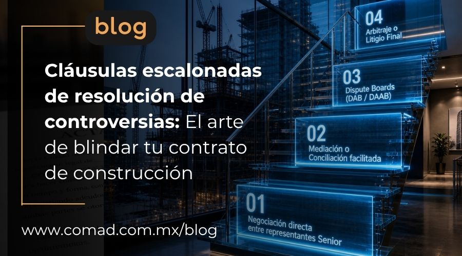 los 4 niveles de una cláusula escalonada en construcción: negociación, mediación, dispute board y arbitraje.