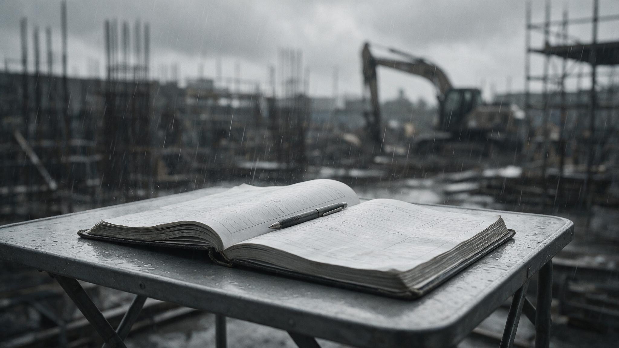 Bitácora de obra abierta sobre una mesa en un frente de obra bajo lluvia intensa
