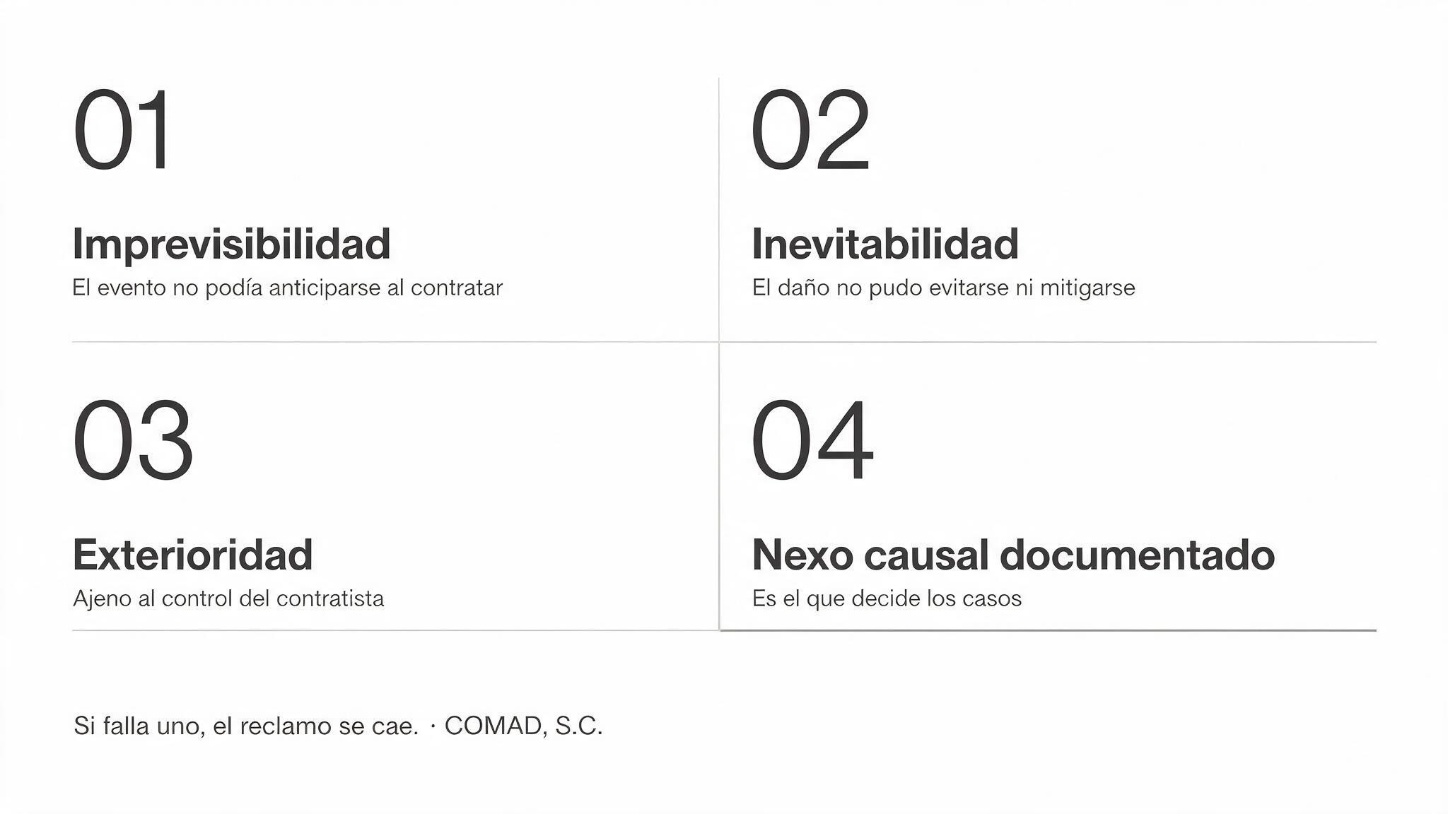 Infografía con los cuatro elementos del evento: imprevisibilidad, inevitabilidad, exterioridad y nexo causal documentado