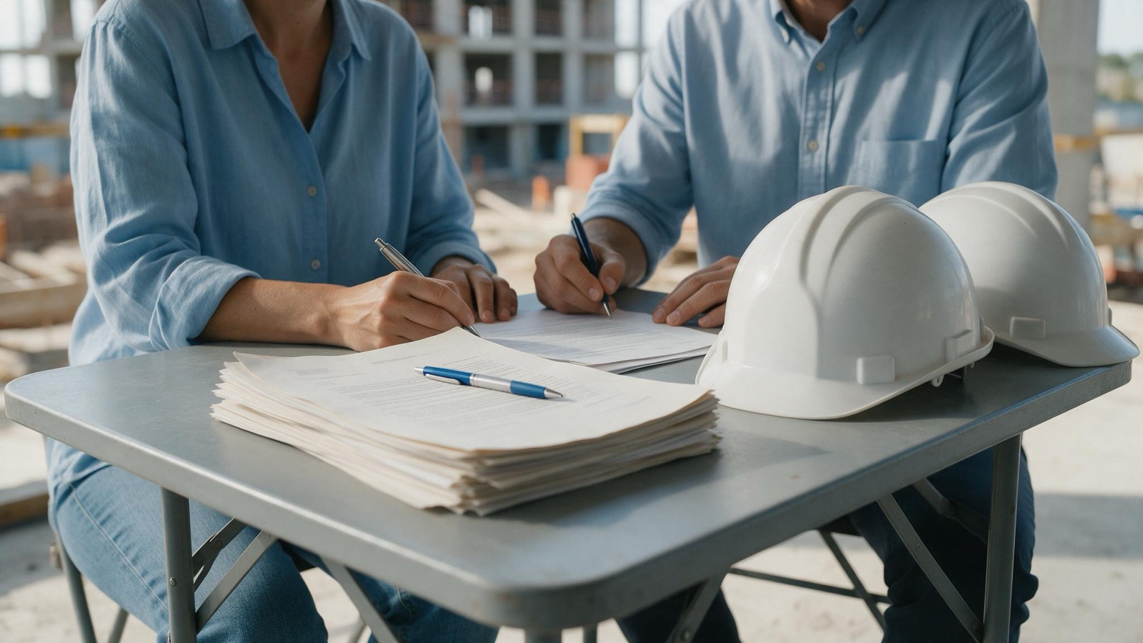 Acta de entrega-recepción sobre una mesa en obra, con dos personas firmando