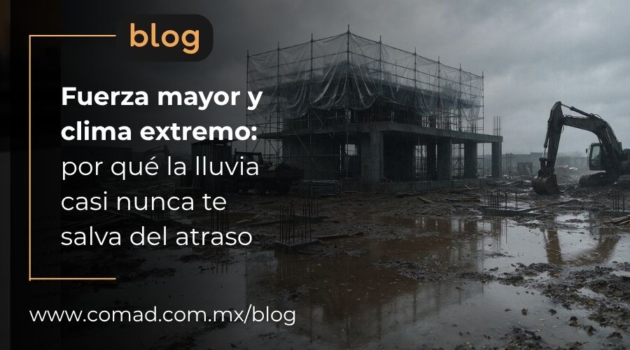 Portada del artículo sobre fuerza mayor y clima extremo, con una obra en construcción bajo lluvia intensa