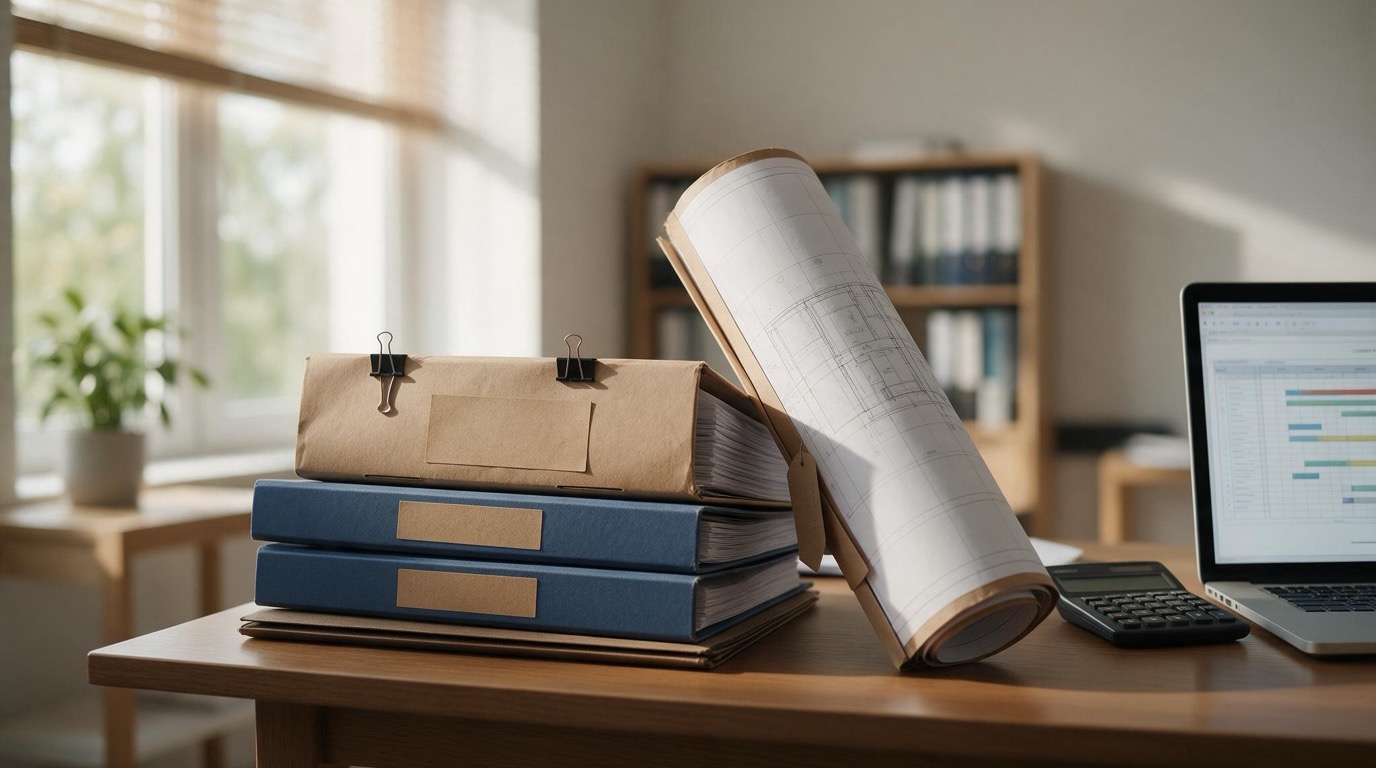 Escritorio con documentos de licitación, planos y calendario, que ilustra el trabajo de preparación que una      constructora hace antes de que salgan las convocatorias.