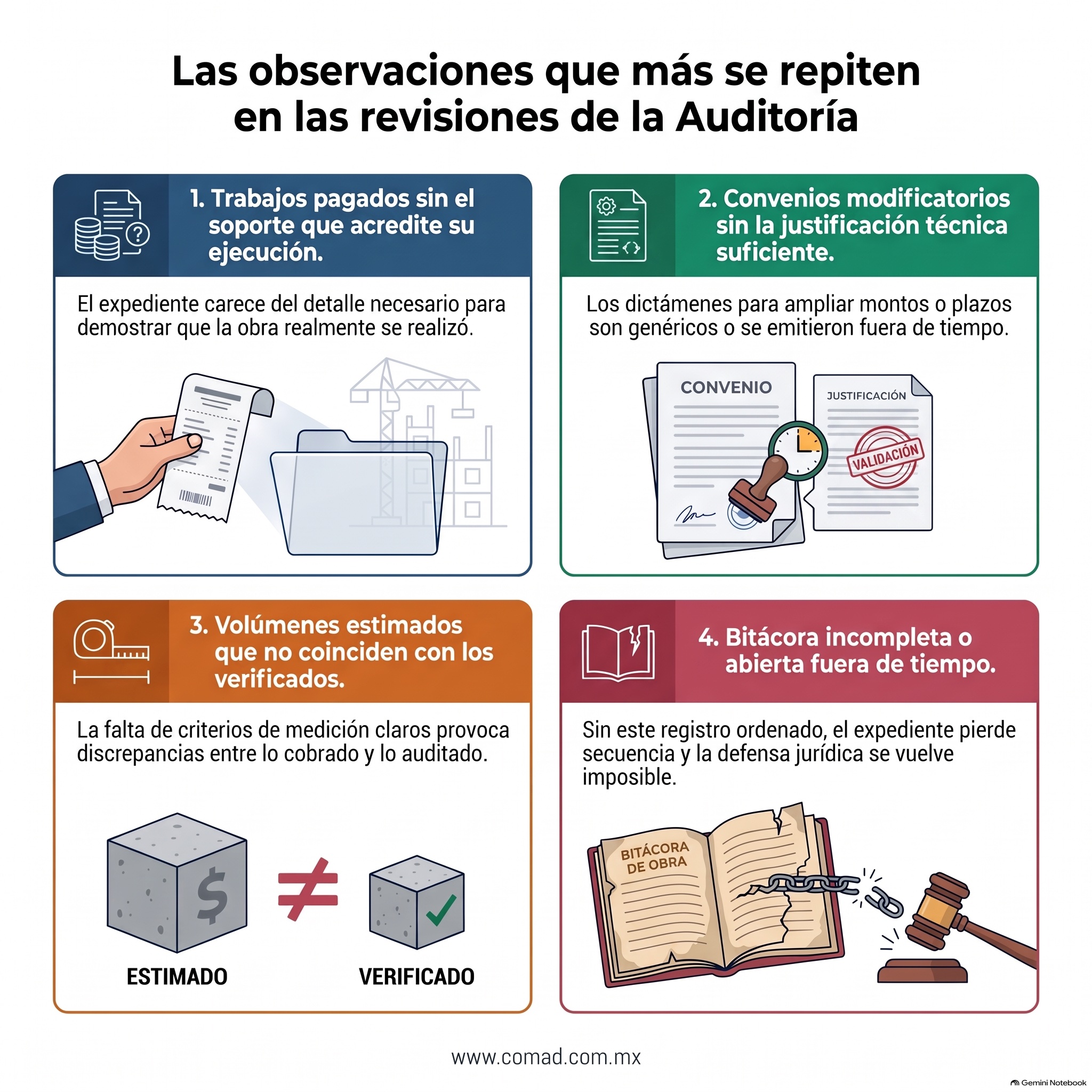 Las observaciones más frecuentes de la Auditoría Superior de la Federación en contratos de obra pública: trabajos sin soporte documental, convenios sin justificación técnica, vbitácora incompleta.