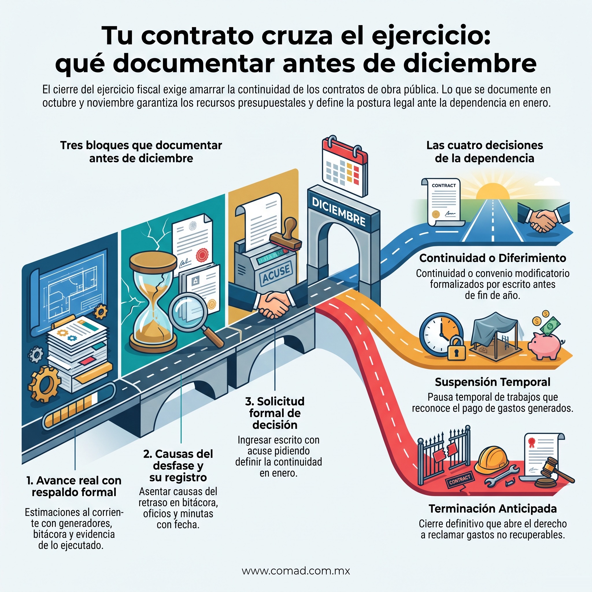 Infografía: qué documentar antes de diciembre cuando el contrato de obra pública cruza el cierre del ejercicio y las cuatro decisiones posibles de la dependencia