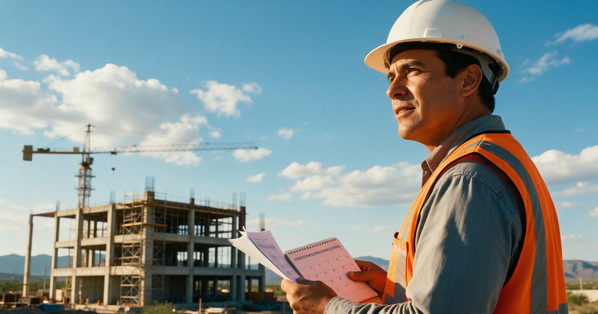 Ingeniero de obra con documentos frente a una estructura de concreto a medio avance
