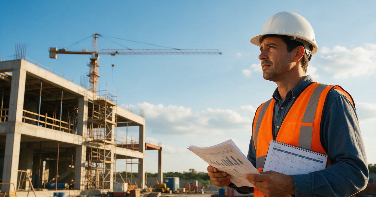 Ingeniero de obra revisa documentos frente a una estructura de concreto en construcción al cierre del ejercicio fiscal