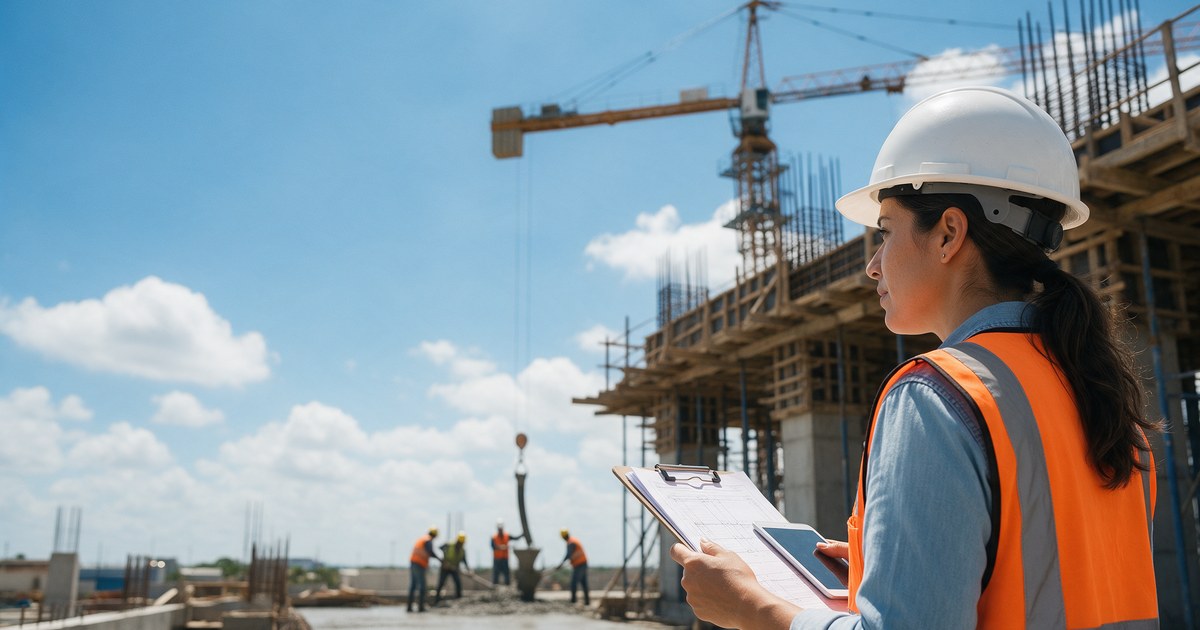 Residente de obra y supervisión revisan generadores en campo Residente de obra con casco y chaleco revisa en campo los números generadores de la estimación en una obra pública