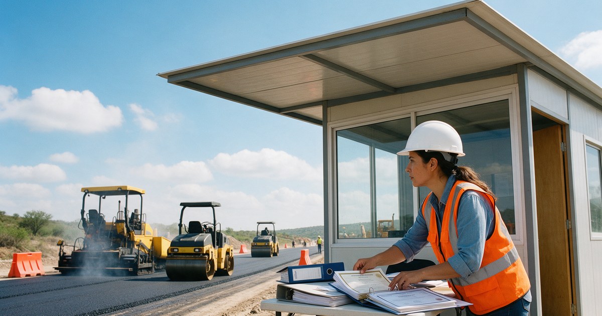 Ingeniera de obra revisa carpetas de la propuesta en una caseta mientras avanza la pavimentación