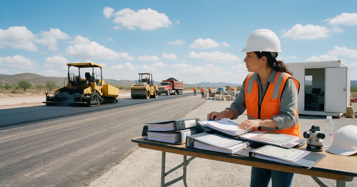 Ingeniera revisa carpetas de documentación para licitar obra pública en una mesa junto a trabajos de pavimentación