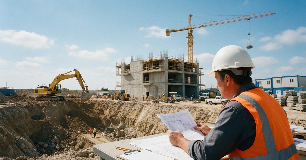 Ingeniero de obra con casco y chaleco revisa los planos del proyecto frente a una excavación con grúa y retroexcavadora