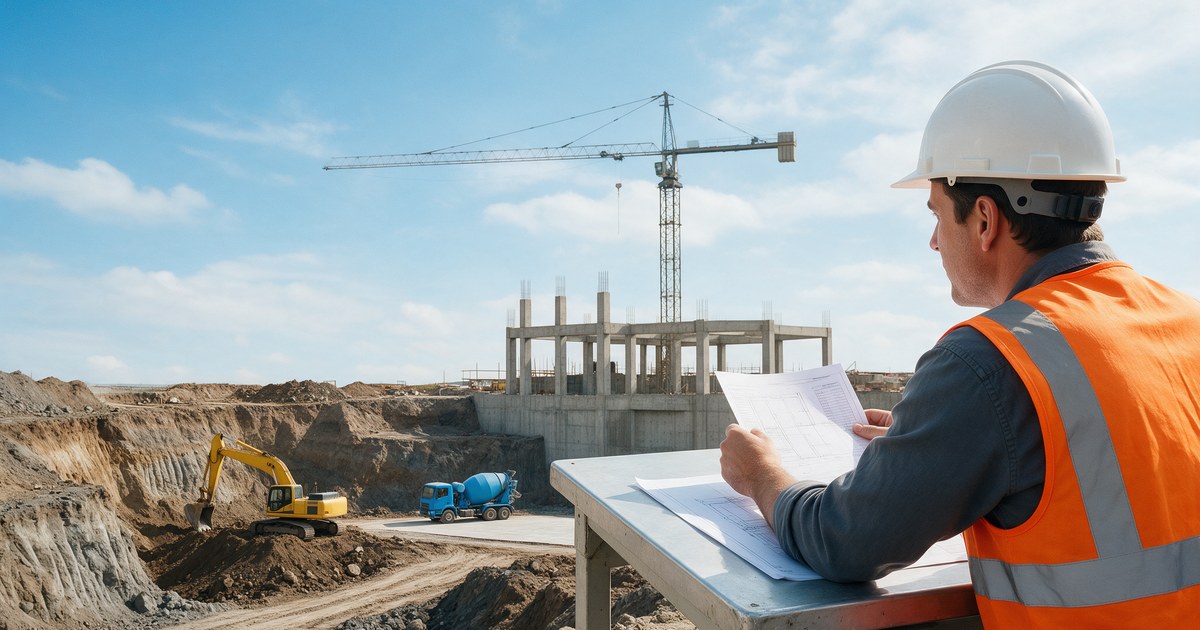 Ingeniero de obra con casco y chaleco revisa planos frente a una obra con grúa y excavación